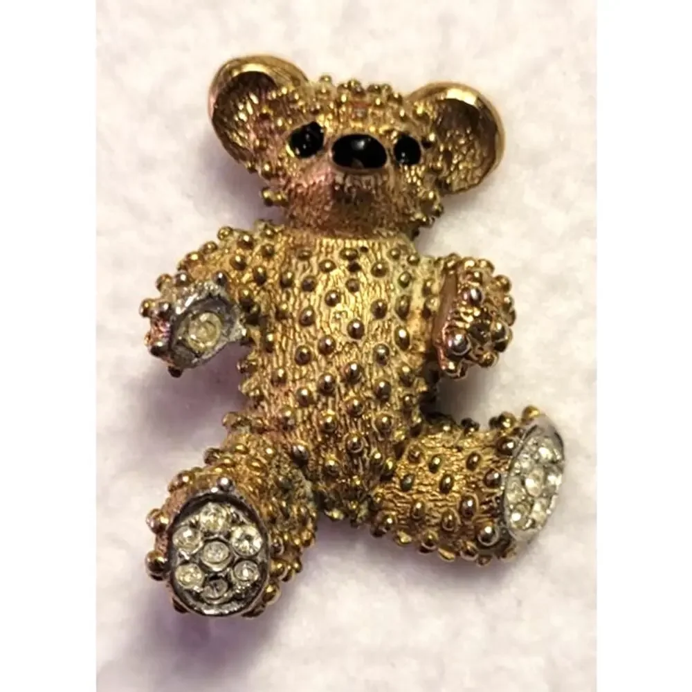 TEDDY BEAR Pin Brooch Goldtone Hobnail Bumpy Rhinestone Enamel Eyes Twee Y2K